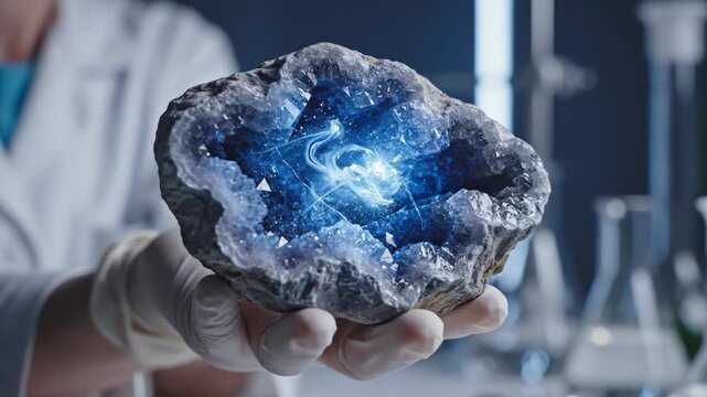 Woman scientist discovering inner universe in glowing geode crystal. Macro close-up lab examination revealing cosmic blue energy. Scientific innovation and mineral exploration concept. Footage of