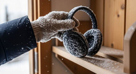 A gloved hand grabbing Earmuffs on shelf from a snowy porch, an action shot for content about heading out into the winter weather.