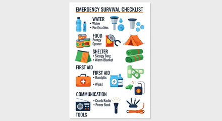 Emergency survival checklist with icons for water, food, shelter, first aid, communication, and tools, isolated on