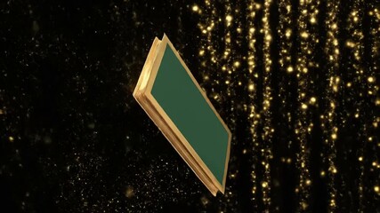 Premium luxury voucher template floating amidst golden glittering particles against dark background