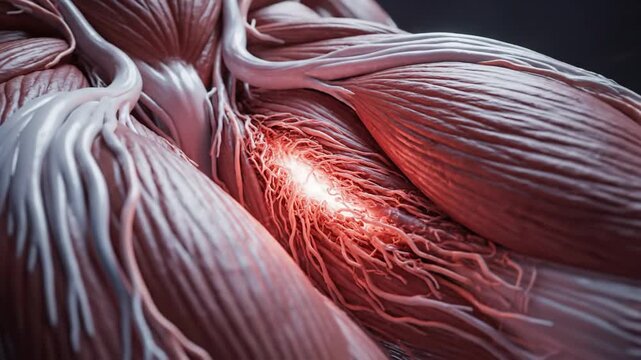 Detailed 3D animation of human muscle and nerve fibers with glowing pain points.