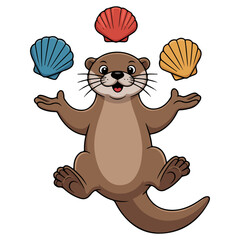 A cartoon otter joyfully juggling colorful seashells