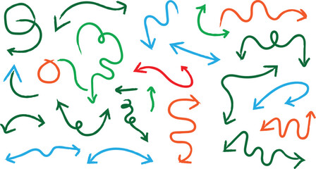 Collection of hand drawn doodle arrows in various shapes and colors on white background perfect for infographics and visual communication design elements