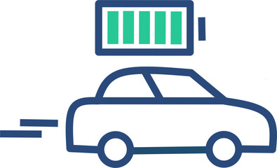 A minimal line art illustration of a modern electric vehicle with a battery charging icon above, indicating a source of clean energy. Isolated on white background.