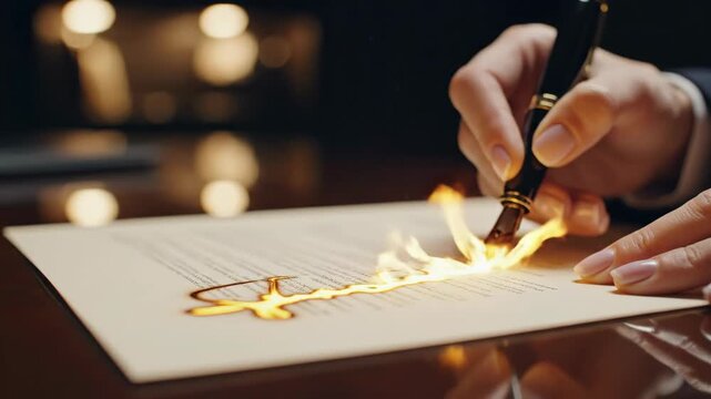 Man writing on paper with flaming pen in macro shot. Conceptual sequence of ink igniting into fire symbolizing passionate ideas. Advertising inspiration footage