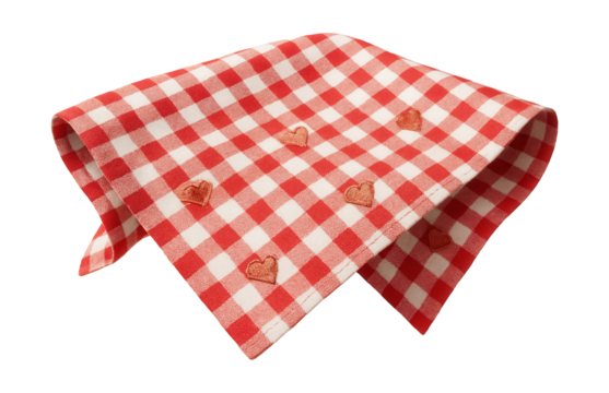 A red and white checkered tablecloth with heart embroidery for a family dining table. - Powered by Adobe