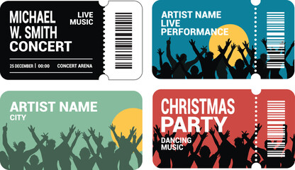 Obraz premium Concert and Event Ticket Designs with Crowd Silhouettes, Live Music Passes, Christmas Party Tickets, Barcode Layouts