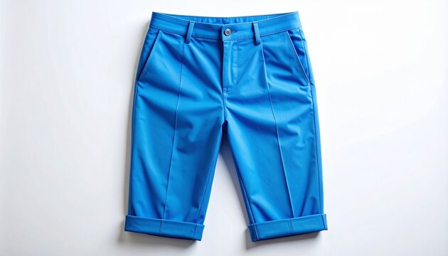 Bright blue tailored shorts with rolled cuffs and belt loops laid flat on white background, casual summer style.