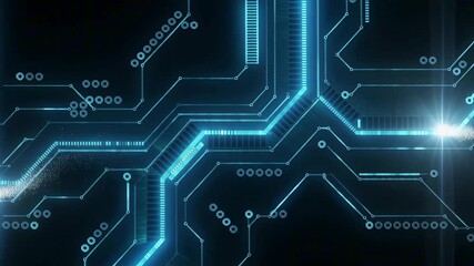 Holographic circuit traces forming across a pitch-black background, bright cyan light lines with pulses traveling along each path, tiny spark particles and shallow-depth glow futuristic electronics - Powered by Adobe