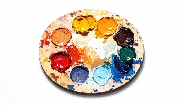 Circular wooden artist's palette, a top-down view, displaying vibrant paint swatches in various colors