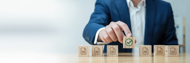 Digital Validation and Verification: A hand places a wooden block with a checkmark on a row of blocks symbolizing data verification and validation.