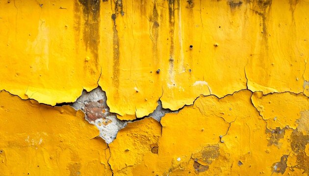 Close-up of wall with peeling yellow paint revealing rough textured surface beneath, aged and weathered appearance.