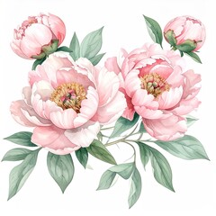Delicate blush pink peonies, light green leaves, watercolor style, botanical illustration