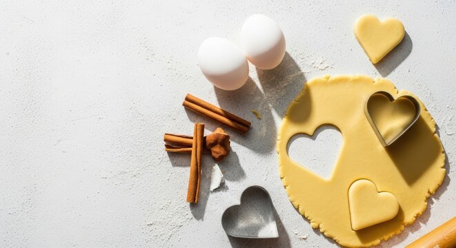 Baking heart cookies with dough, eggs, and cinnamon sticks - Powered by Adobe