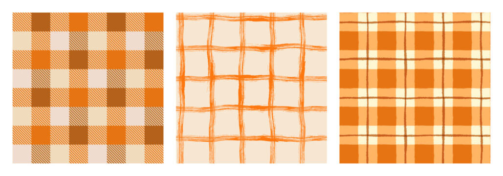 Orange, brown and beige gingham, plaid vector seamless pattern set, Check autumn and Thanksgiving backgrounds