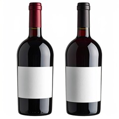 Two identical red wine bottles, side-by-side, with blank white labels and colored caps