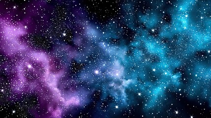 A colorful and luminous nebula in deep space, filled with countless stars, rendered in shades of purple and blue against a black background.