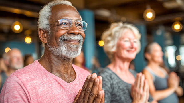 Senior yoga group community center exercise meditation wellness active aging diversity smiling calm. Senior yoga group community center practice meditation for wellness and active aging