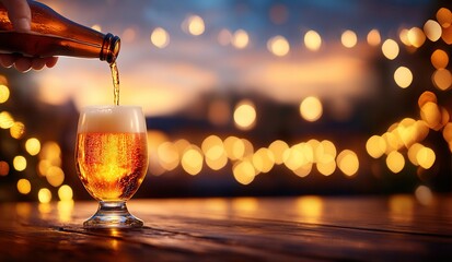 fresh beer bottle pouring beer into a glass., on a wooden table.