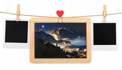 Wooden photo frame, mountain scene, instant prints, red heart, clothespins