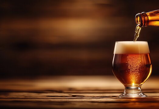  beer bottle pouring beer into glass half glass., on wood table.