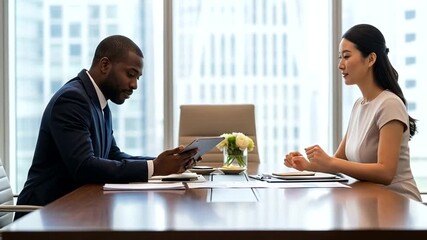Dynamic meeting of diverse business professionals in a modern office, discussing strategy with tablet, fostering collaboration and innovative ideas for future growth - Powered by Adobe