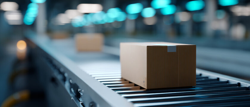 A cardboard box on a conveyor belt in an automated warehouse system, with blue lights and other boxes out of focus in the background - Powered by Adobe