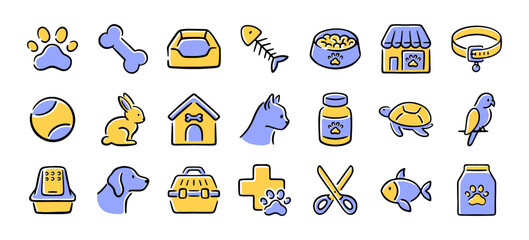 Pet care and veterinary hand drawn icons set isolated on white background.