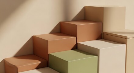 Fototapeta premium Stairstep of stacked boxes in tan beige brown green with shadow