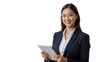 A confident young Asian businesswoman in a suit smiles holding a digital tablet embodying professional communication technology integration and modern business efficiency for corporate tasks