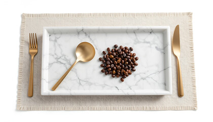 Aesthetic Flat Lay of Coffee Beans with Wooden Spoon on White Marble Background