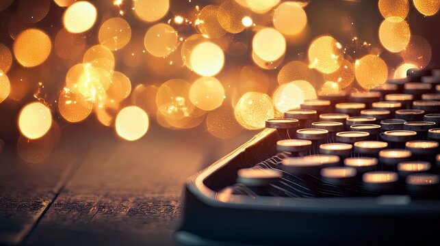 Close-up of vintage typewriter keys with a blurred background of warm, golden bokeh lights, creating a cozy and nostalgic atmosphere.