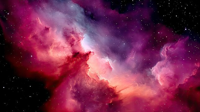 A colorful nebula in deep space, illuminated by stars, with swirling clouds of pink, purple, and orange gas.