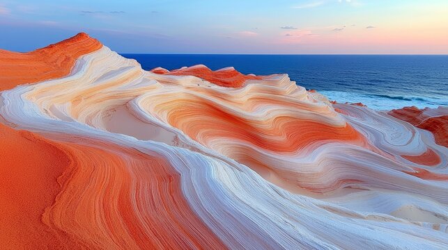 Striking sandstone formations with swirling patterns of orange and white, meeting the blue ocean under a pastel sunset sky. - Powered by Adobe