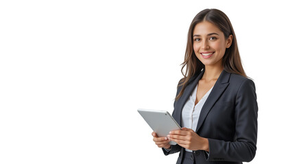 A confident and poised young businesswoman embraces digital tools holding a sleek tablet device showcasing her tech-savvy approach to modern work environments and professional success