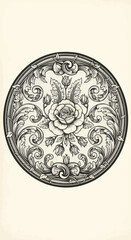 Intricate Floral Medallion - A Detailed Black and White Engraving.