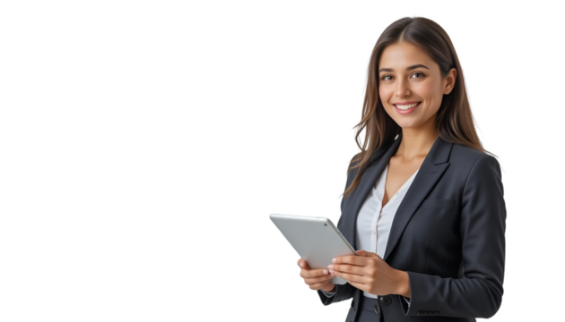 A confident and poised young businesswoman embraces digital tools holding a sleek tablet device showcasing her tech-savvy approach to modern work environments and professional success