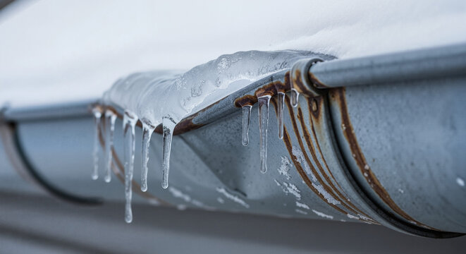 A damaged metal Ice buildup on gutter with rust stains, a close-up photo for content about long-term winter weather effects.