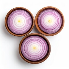 Three wooden bowls, each holding a sliced red onion, arranged in a triangular pattern against a white background