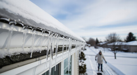 A suburban home with Ice buildup on gutter and icicles on a sunny winter day, a photo for articles about seasonal homeownership challenges.