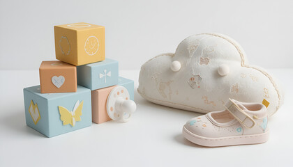 Cute baby toys and pastel blocks arranged in a soft nursery scene