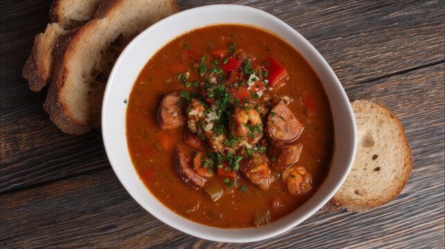 A bowl of flavorful seafood gumbo brimming with shrimp and sausage sits on a rustic wooden table. Golden bread slices accompany the dish, inviting warmth and comfort during mealtime