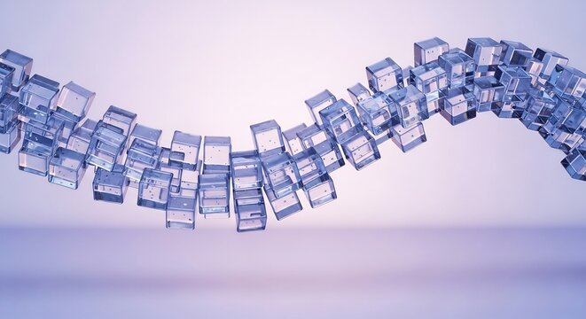 Transparent cubes form a wave against a soft violet backdrop showcasing clean geometric abstraction