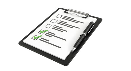 Task completion list on clipboard with pen concept isolated on transparent background