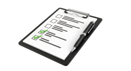 Task completion list on clipboard with pen concept isolated on transparent background