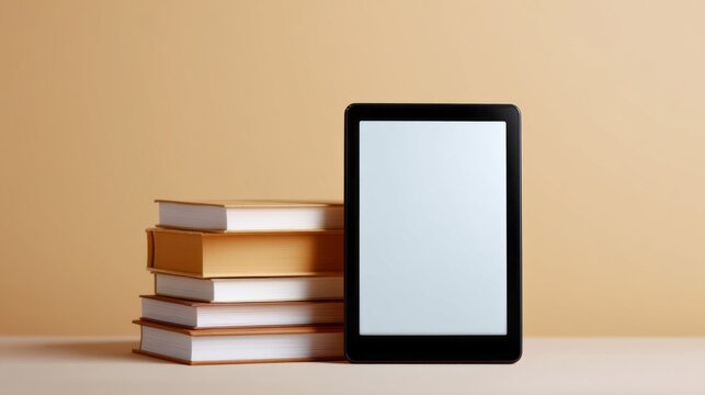 A stack of books and a tablet with a white screen are placed on top of each other. The tablet is positioned in the middle of the stack of books, with the books surrounding it on all sides