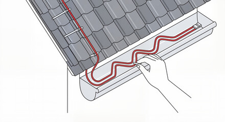 Technical illustration of a gutter heat trace installation on a tiled roof. For product manuals, DIY guides, and technical explanation articles.