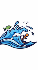 Cartoon Wave Scene with Dolphin, Fish, and Anchor Illustration.