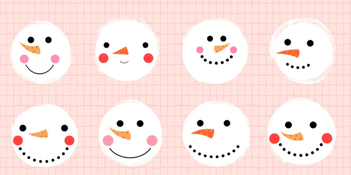 Cute vector snowmen faces illustration, fun textured snow balls with mouths and eyes