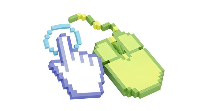 Pixelated computer mouse and click hand cursor isolated on transparent background